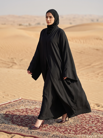 Classic Black Minimal Kimono Abaya with Wide Flowing Sleeves & Hidden Side Pockets