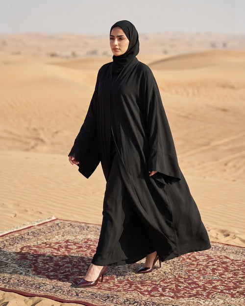 Classic Black Minimal Kimono Abaya with Wide Flowing Sleeves & Hidden Side Pockets – hover image