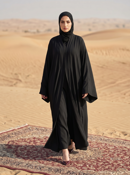 Classic Black Minimal Kimono Abaya with Wide Flowing Sleeves & Hidden Side Pockets