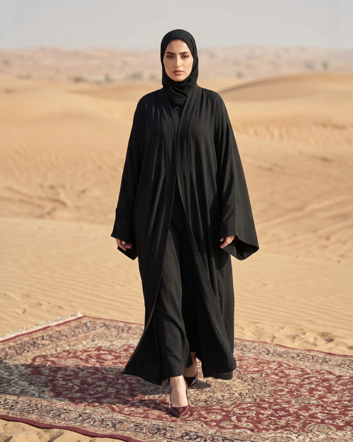 Classic Black Minimal Kimono Abaya with Wide Flowing Sleeves & Hidden Side Pockets