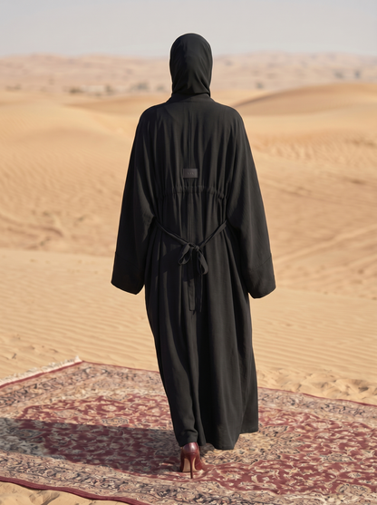 Classic Black Minimal Kimono Abaya with Wide Flowing Sleeves & Hidden Side Pockets