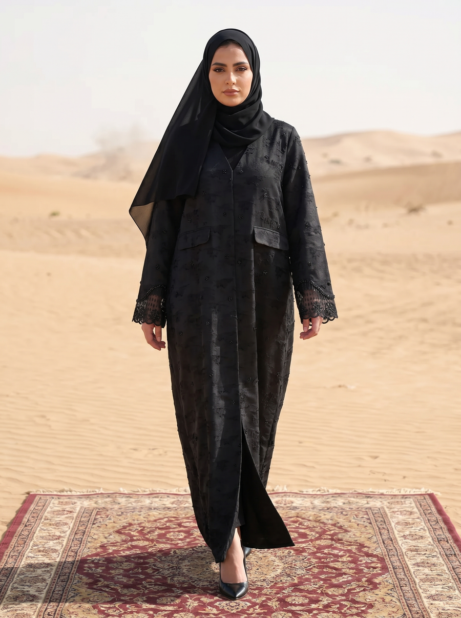 Textured Premium Black Abaya with Embellished Detail & Lace Cuff Sleeves