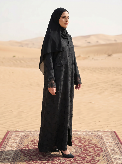 Textured Premium Black Abaya with Embellished Detail & Lace Cuff Sleeves – hover image