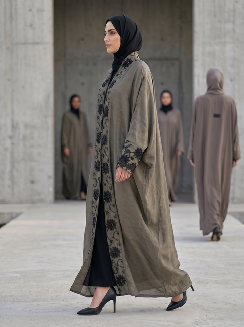 Premium Hand Beaded Floral Open Abaya – hover image