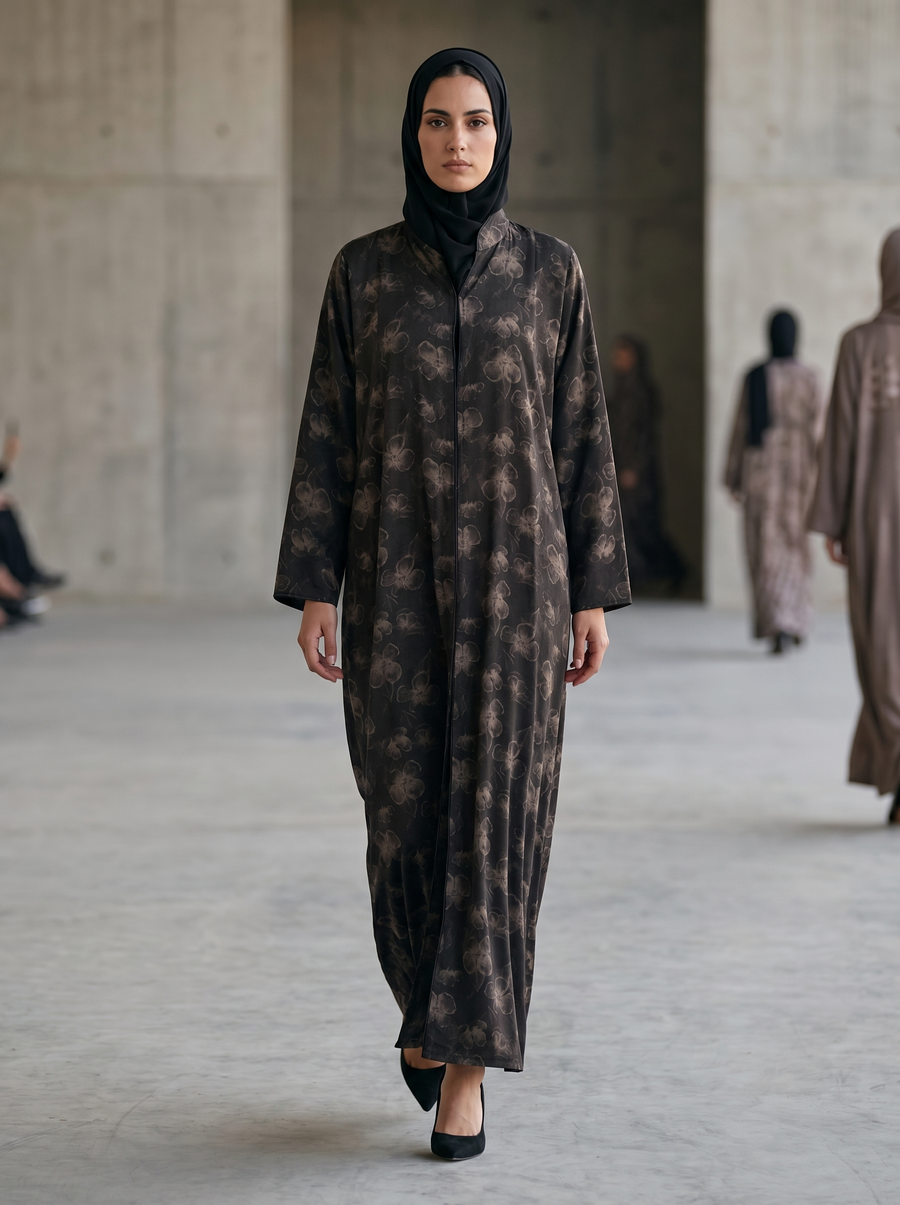 Bronze Weldon Blue Printed Abaya with Vintage Floral Overlay