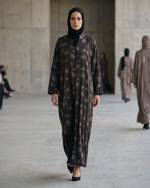 Bronze Weldon Blue Printed Abaya with Vintage Floral Overlay
