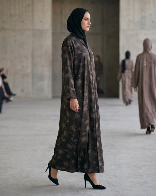Bronze Weldon Blue Printed Abaya with Vintage Floral Overlay – hover image