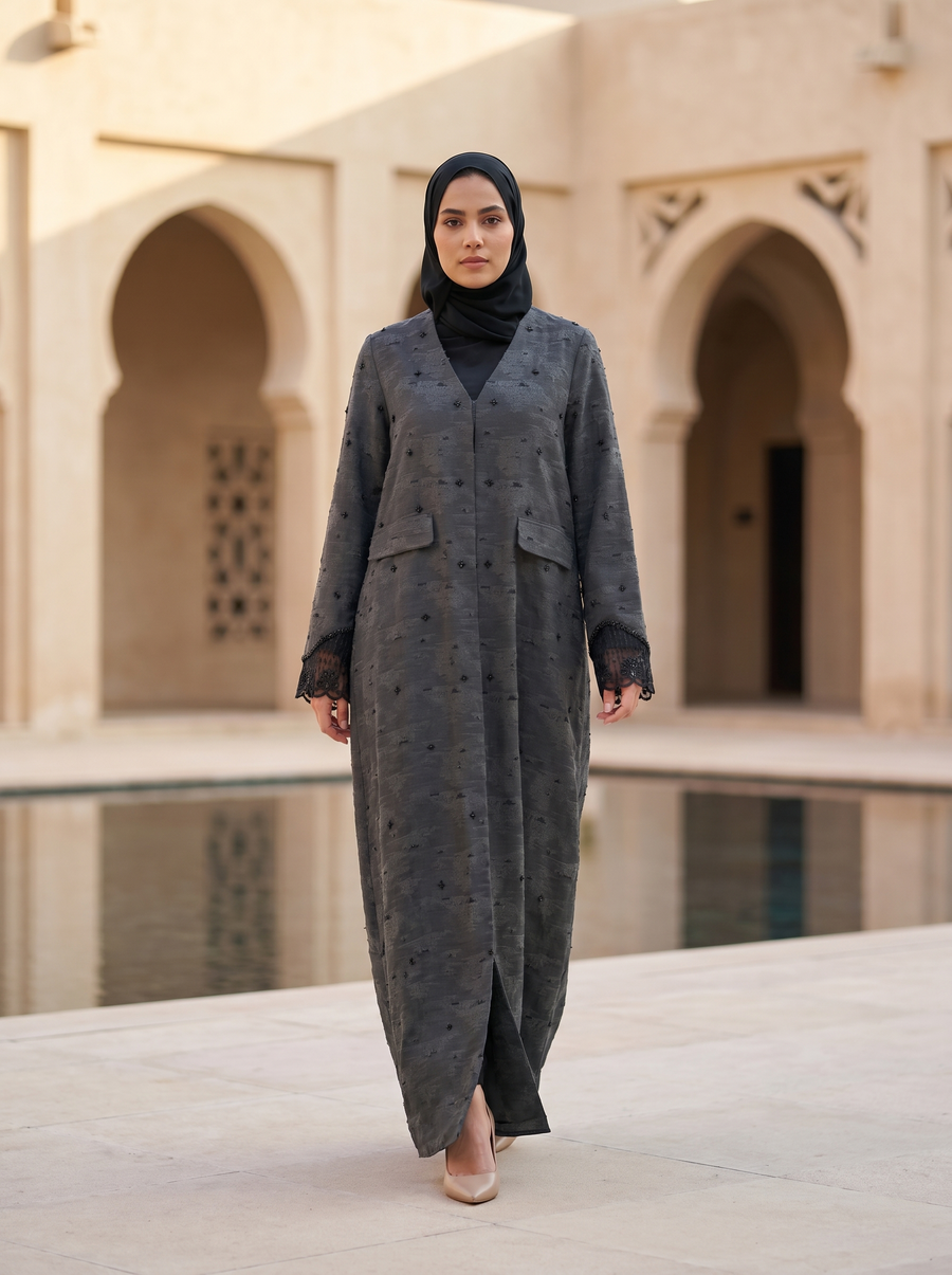 Textured Premium Grey Abaya with Embellished Detail & Lace Cuff Sleeves