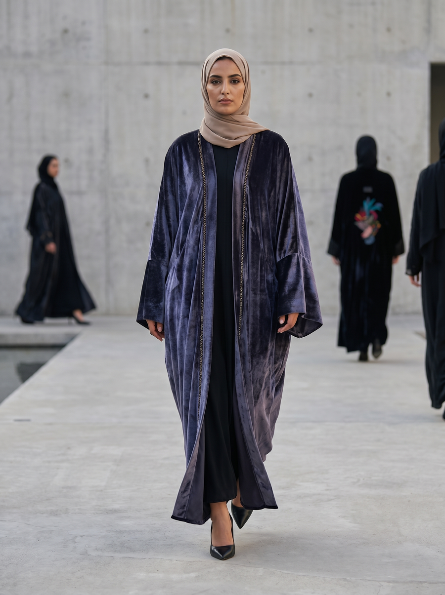 Purple Velvet Open Abaya with Front Trim Detail & Back Floral Embroidery