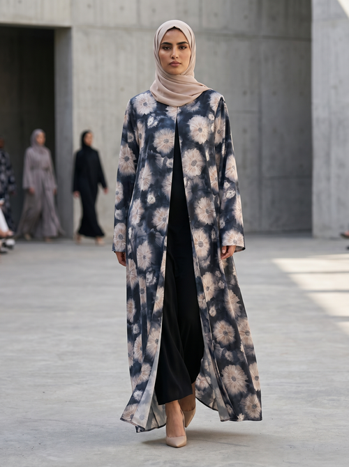 Bloom Floral Crepe Open Abaya with Matching Sheila