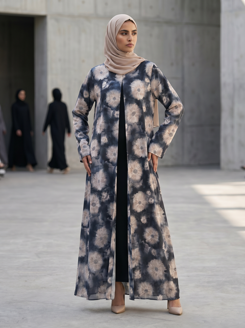 Bloom Floral Crepe Open Abaya with Matching Sheila – hover image
