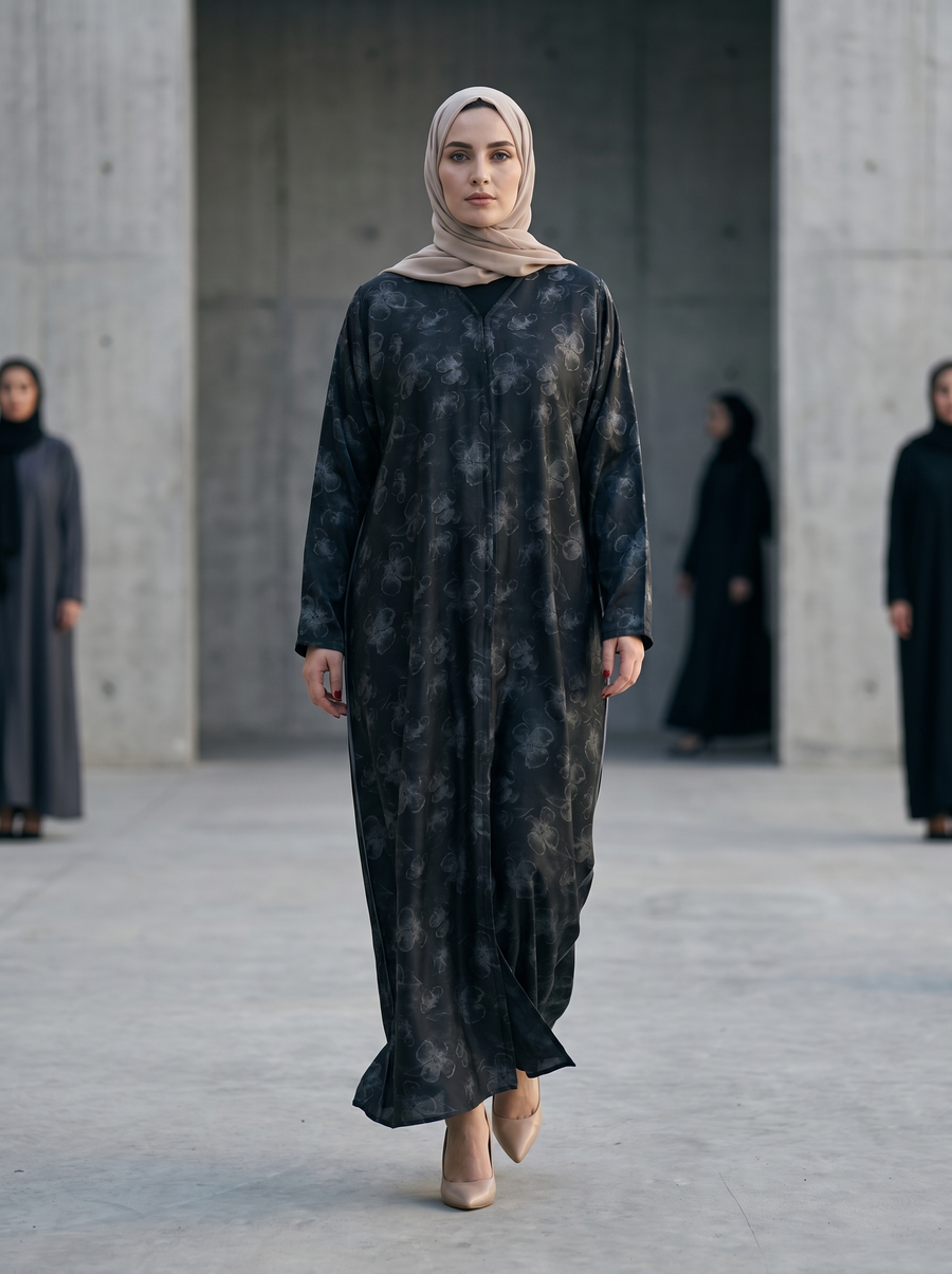Weldon Blue Printed Abaya with Vintage Floral Overlay
