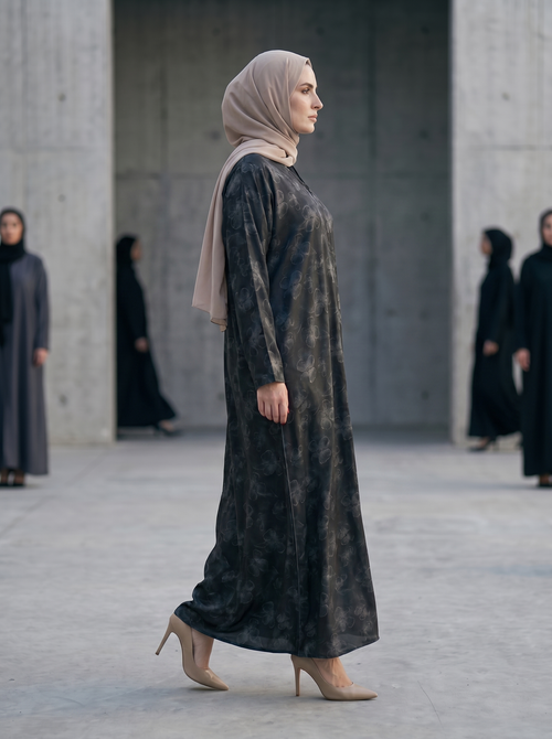 Printed Abaya with Vintage Floral Overlay – hover image