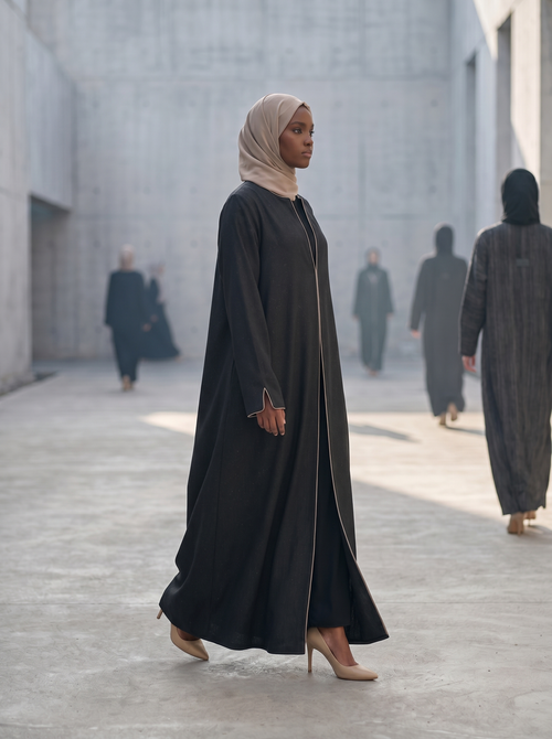Minimal Textured Jacquard Dark Abaya with Contrast Piping & Subtle Sleeve Slit – hover image