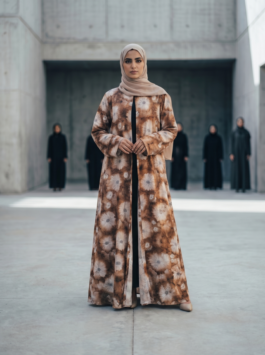 Bloom Brown Floral Crepe Open Abaya
