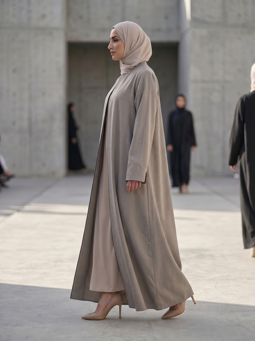 Minimal Textured Jacquard Abaya with Contrast Piping & Subtle Sleeve Slit – hover image