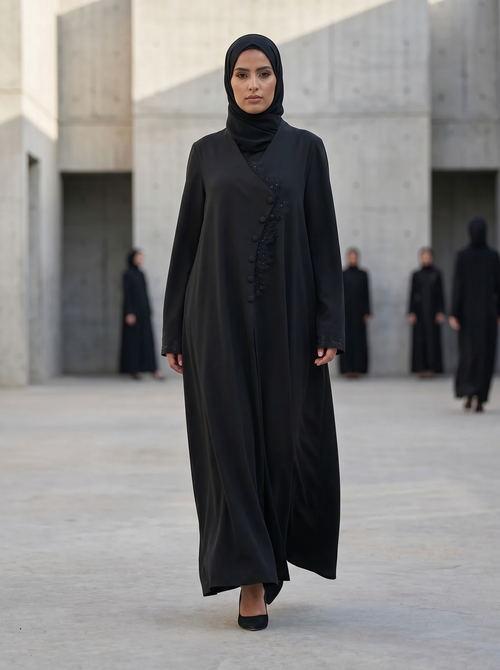 Asymmetric Lace-Trim Black Abaya with Diagonal Button Detailing