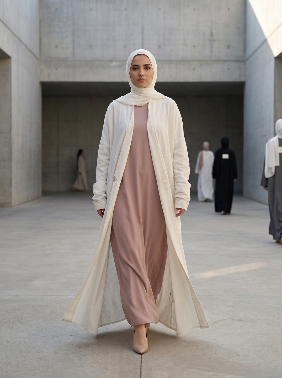 Premium White Linen Modest Abaya with Tailored Sleeves and Open Front