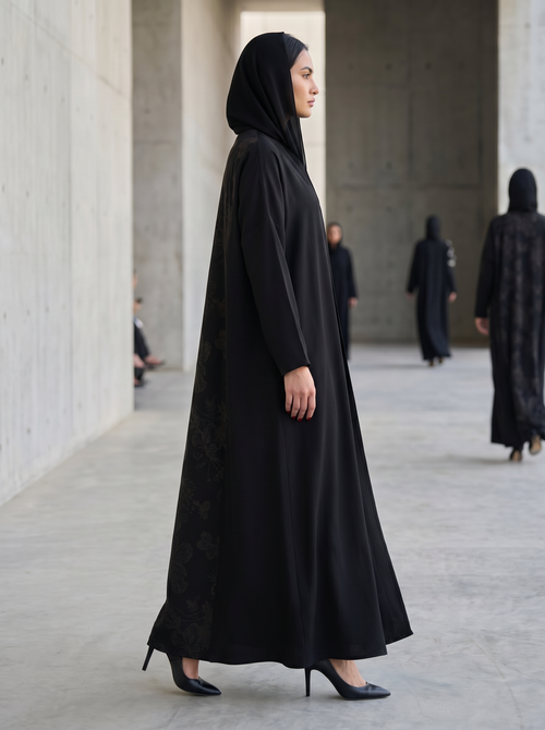 Eclipse Noir Abaya with Back Flora Shadow Print – hover image