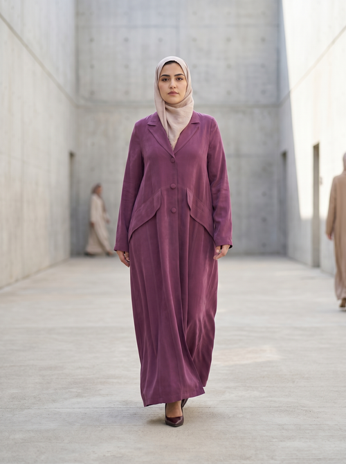 Mauve Tailored Panel Abaya with Covered Buttons