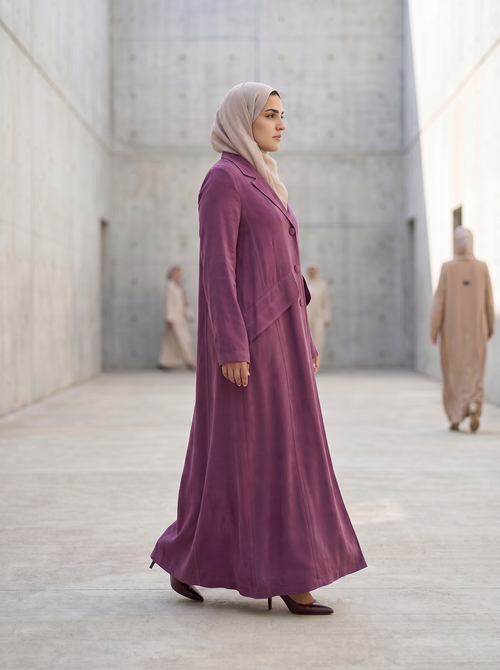 Mauve Tailored Panel Abaya with Covered Buttons – hover image