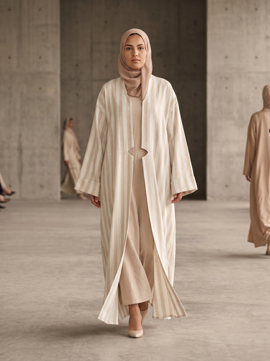 Sand Ivory Vertical Stripe Open Abaya – Linen Blend