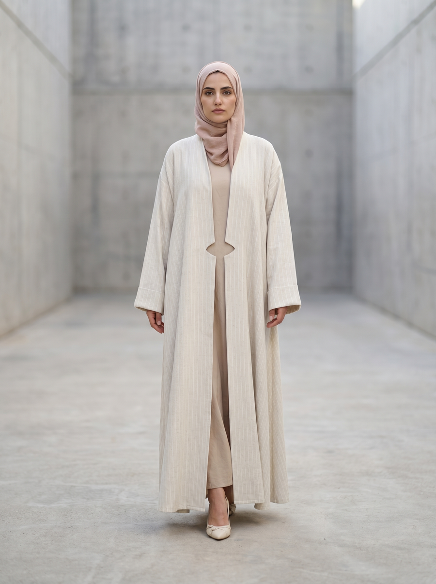 Ivory Pinstripe Minimalist Open Abaya - Linen Blend