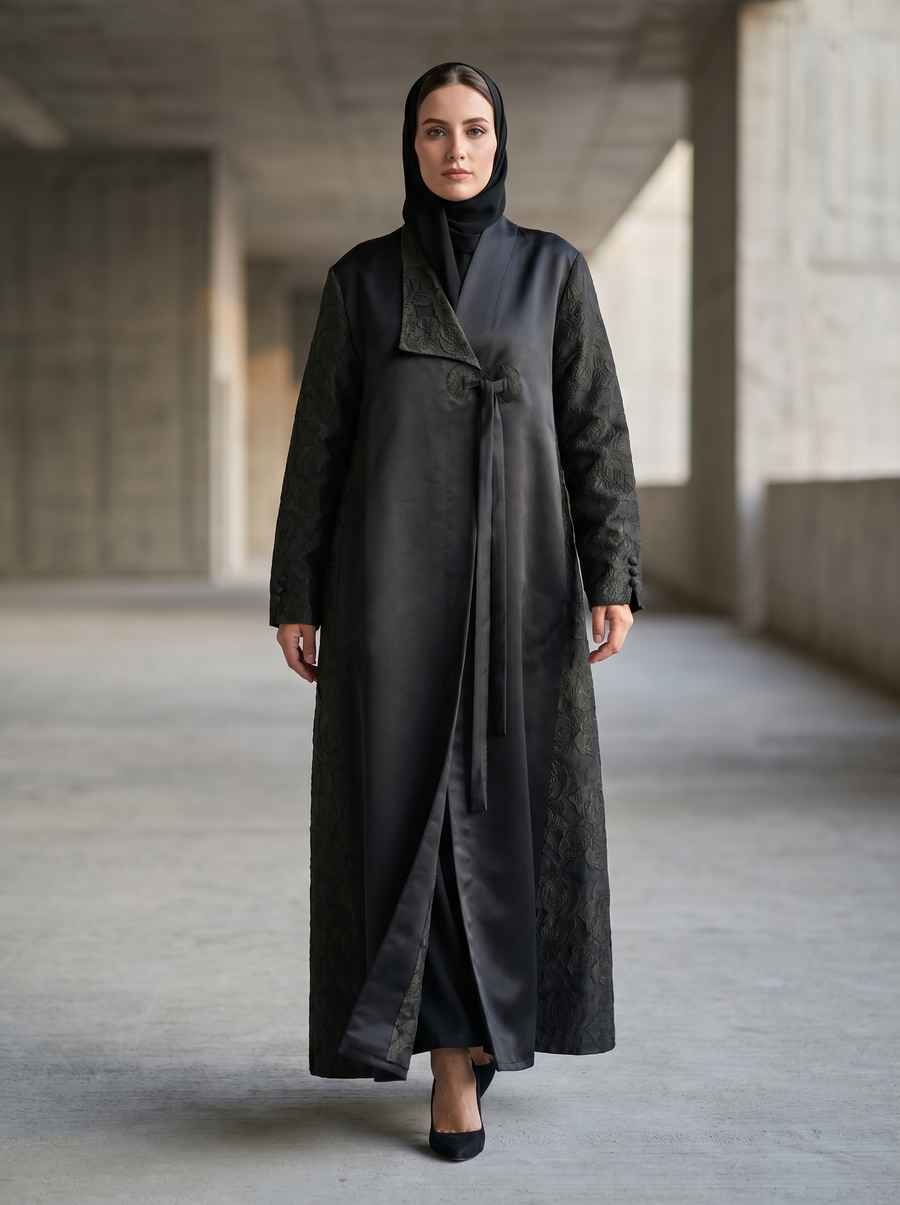 Luxury Satin-Jacquard Abaya with Side Panel Embroidery