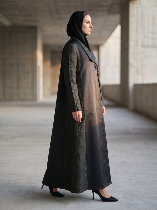 Luxury Satin-Jacquard Abaya with Side Panel Embroidery – hover image