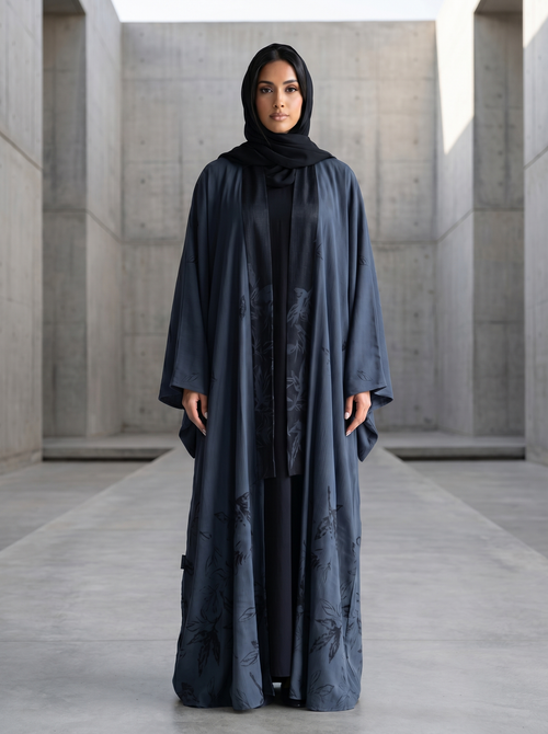 Modern Kimono Open Abaya with Printed Leaf Design