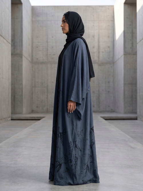 Modern Kimono Open Abaya with Printed Leaf Design – hover image