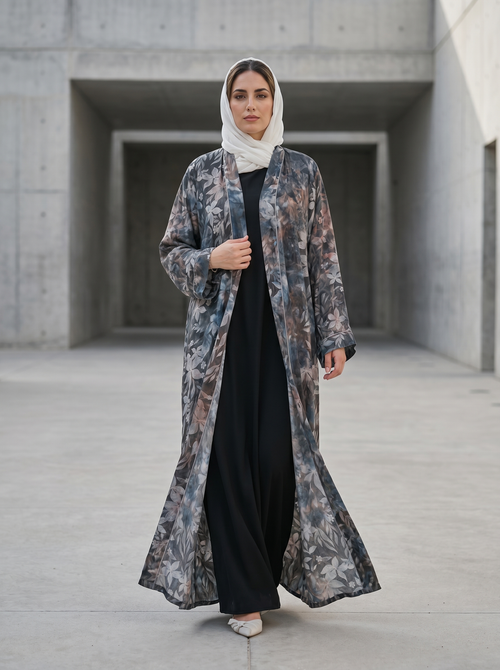 Gray Garden Floral Printed Lightweight Open Abaya