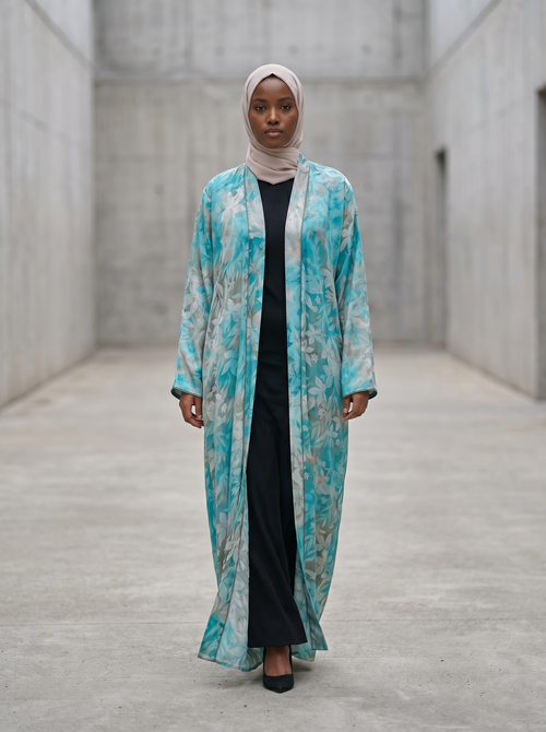 Aqua Garden Floral Printed Lightweight Open Abaya