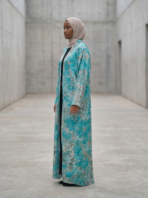 Aqua Garden Floral Printed Lightweight Open Abaya – hover image