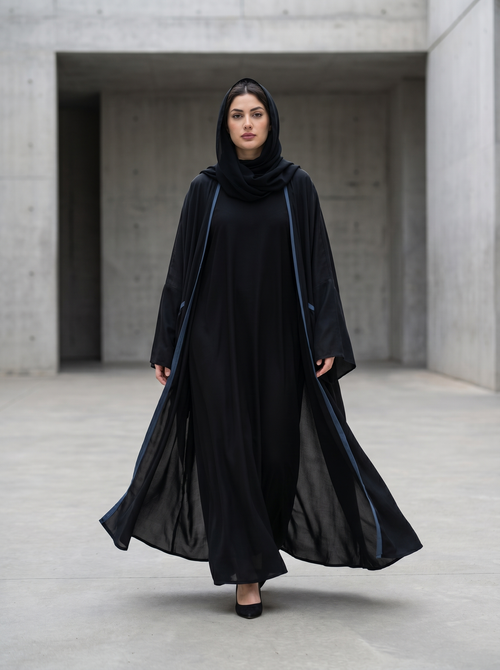 Kimono Style Open Abaya with Contrast Piping