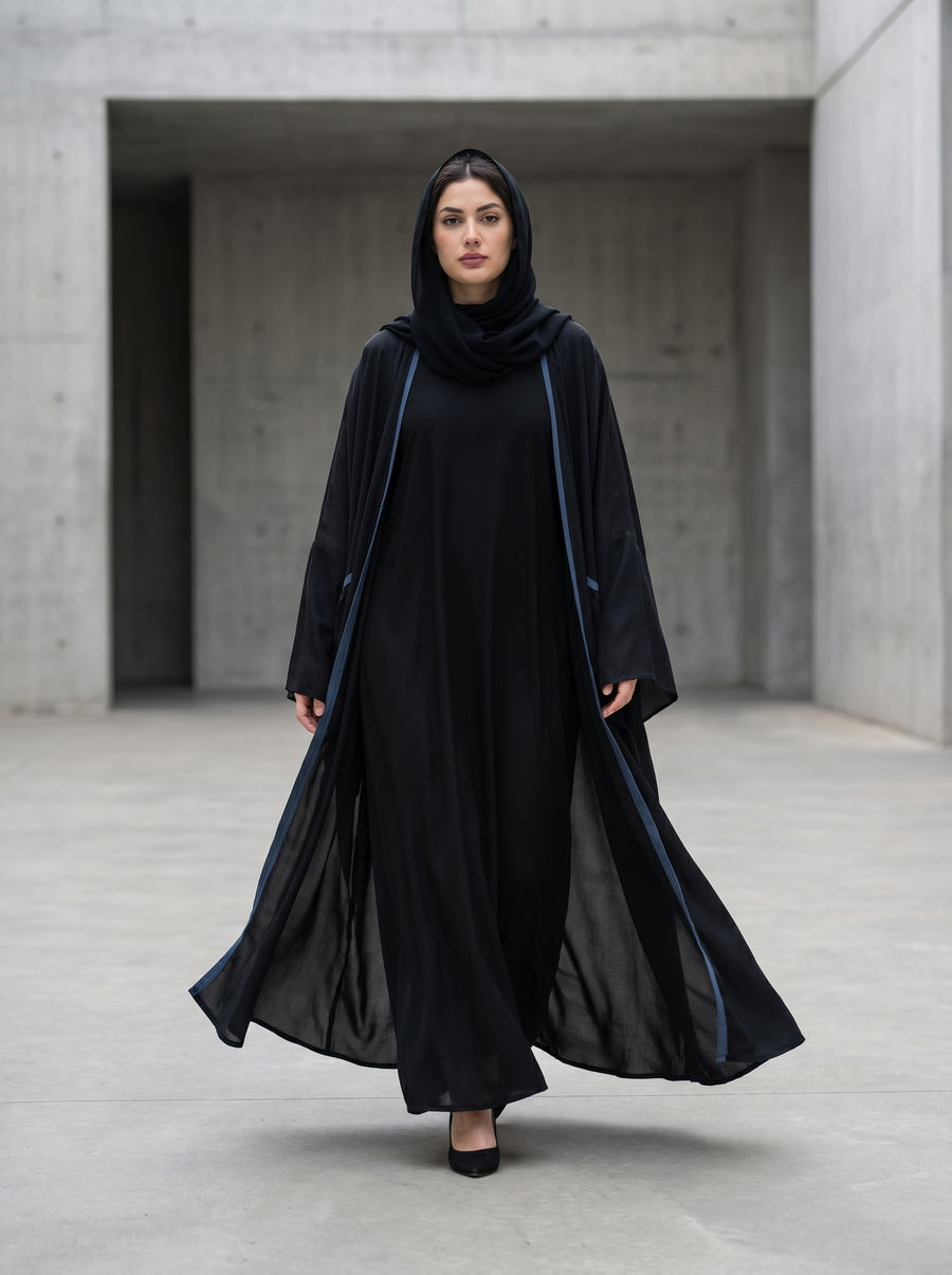 Kimono Style Open Abaya with Contrast Piping