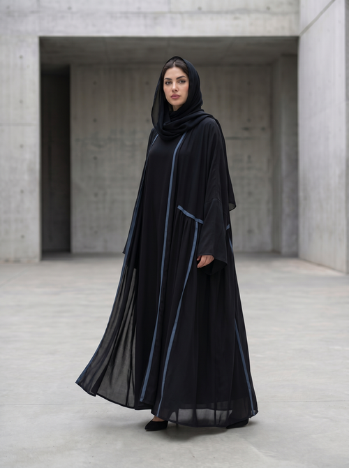 Kimono Style Open Abaya with Contrast Piping – hover image