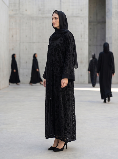 Classic Abaya with Velvet Floral Texture – hover image