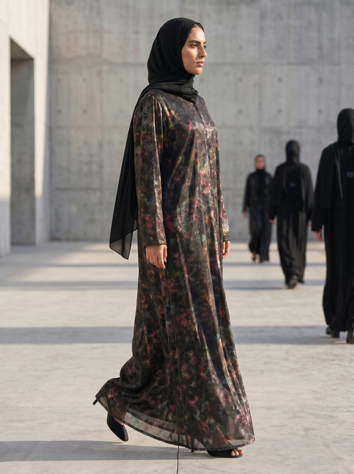 Premium Abaya with Abstract Multi-color Print – hover image