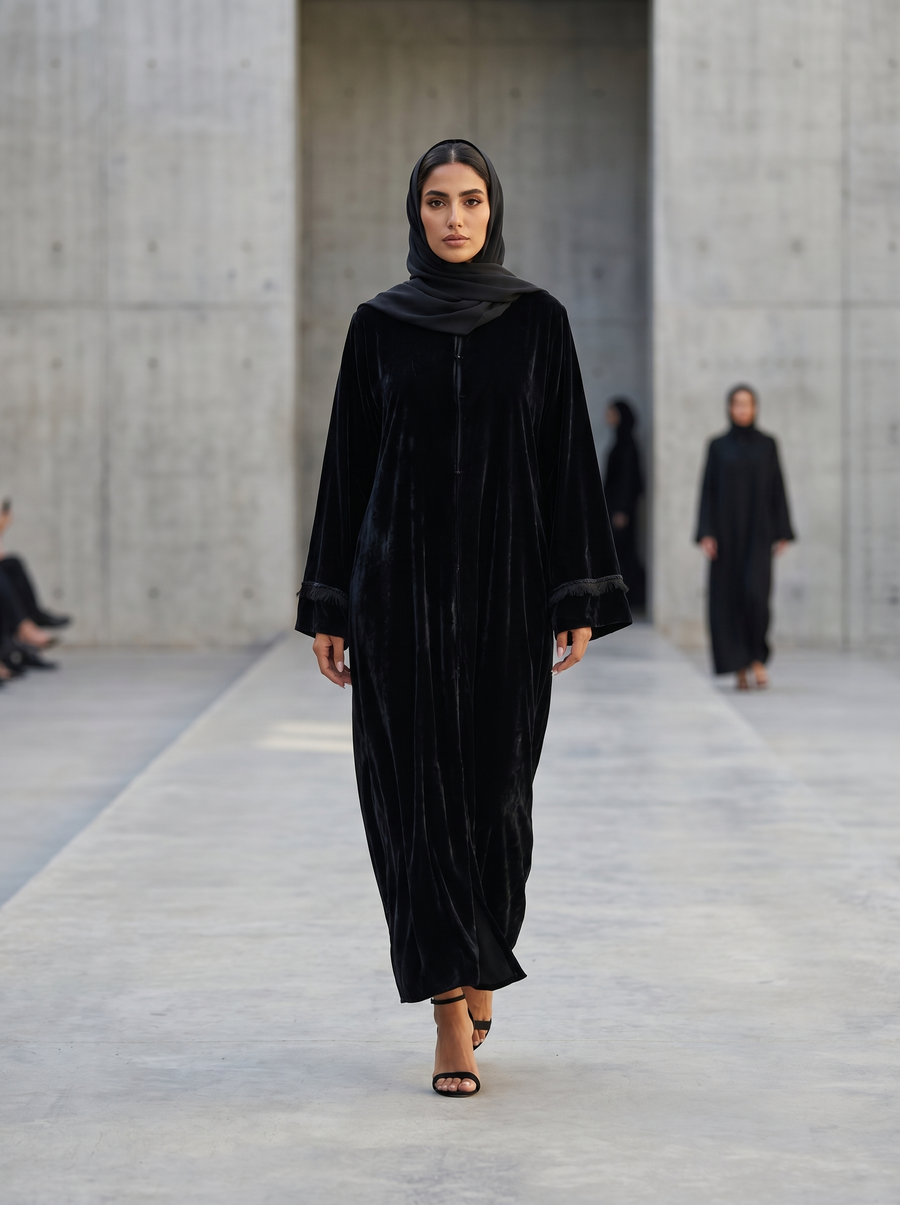 Velvet Abaya with Lace Sleeve Detail