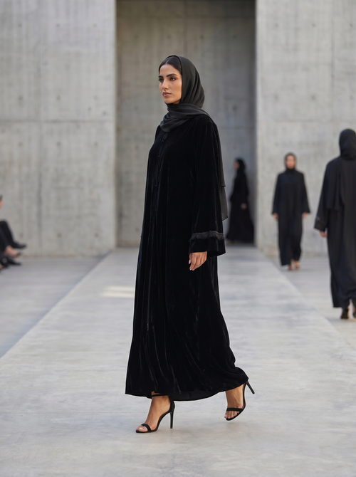 Velvet Abaya with Lace Sleeve Detail – hover image