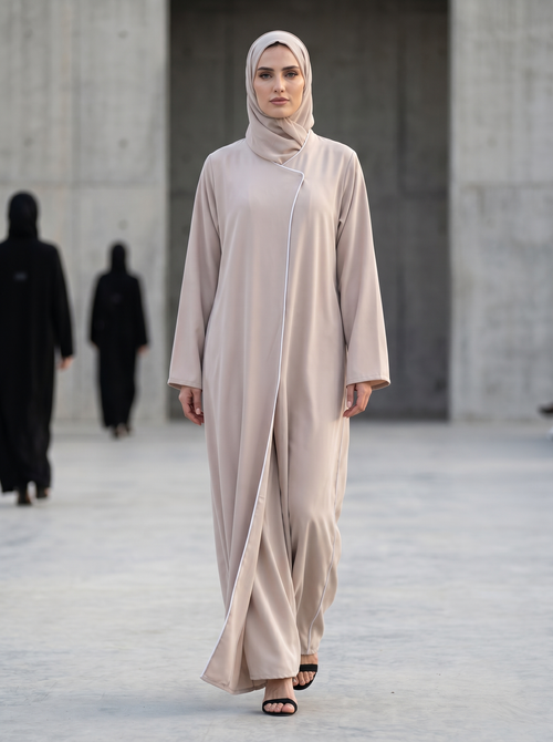 Beige Crepe Abaya Closed front with Contrast Piping