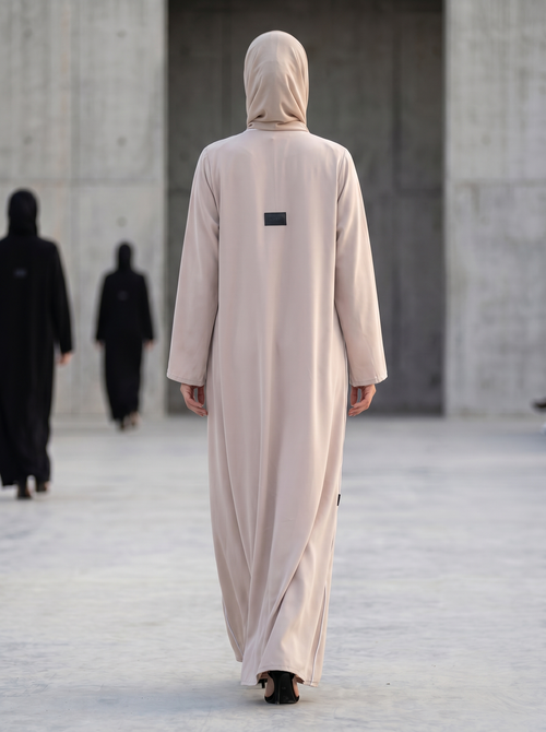 Beige Crepe Abaya Closed front with Contrast Piping – hover image