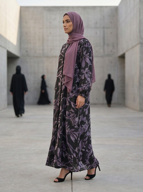 Printed Abaya with Leaf Motif – hover image