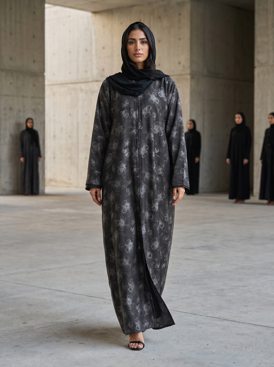 Silver Weldon Blue Printed Abaya with Vintage Floral Overlay