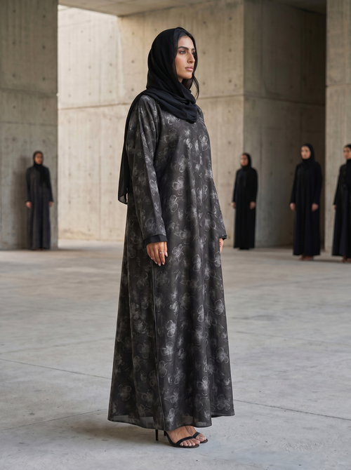 Silver Weldon Blue Printed Abaya with Vintage Floral Overlay – hover image