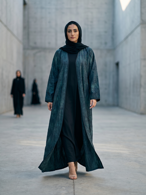 Open Abaya with Forest Texture Print