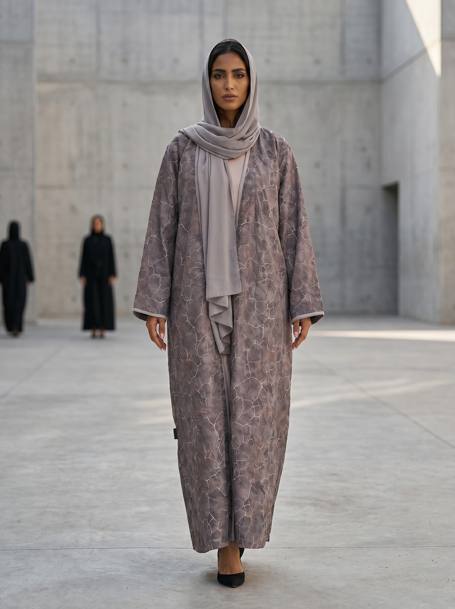 Open Abaya with Cracked Marble Print