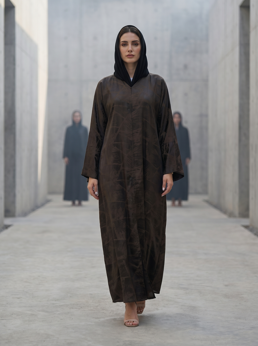Patterned Brown Textured Abaya with Subtle Geometric Pattern