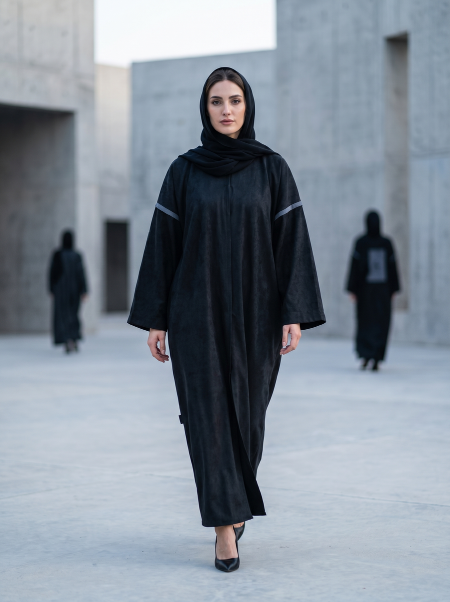 Black Open Abaya with Velvet Back and Logo Detail